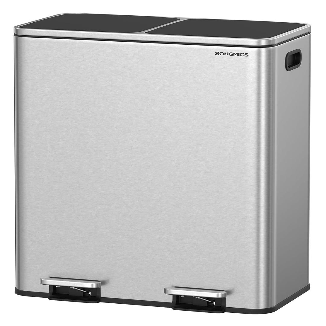 SONGMICS Trash Can, 2 x 10.6 Gallon (2 x 40 L) Garbage Can for Kitchen, with 15 Trash Bags, 2 Compartments, Plastic Inner Buckets and Hinged Lids, Airtight, Silver and Black ULTB730E80 (Silver + Black)