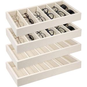 4 Pcs Velvet Sunglasses Organizer Tray 6 Grid Glasses Organizer Stackable Velvet Sunglass Tray Eyeglasses Storage Display Case for Jewelry Glasses Watch Display (Beige)