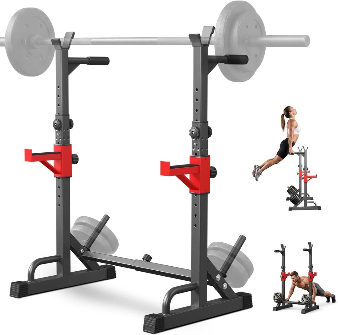 YYJO Adjustable Squat Rack
650 LBS Heavy Duty, 8 Height & 10 Width Levels, 6-Position Safety Bumper, Home Gym Weight Lifting Stand, Strength Training