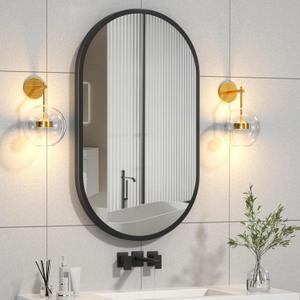 16x24 Black Oval Mirror, Bathroom Mirrors for Over Sink, Pill Shaped Mirror, Metal Framed Bathroom Vanity Mirrors for Wall, Modern Wall-Mounted Mirrors for Entryway, Hallway, Bedroom, Living Room
