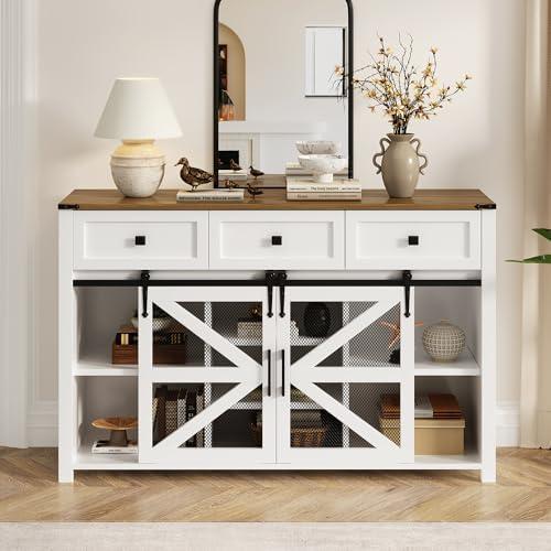 Virubi 55 in Sideboard Buffet Cabinet with Storage,Sliding Barn Doors,3 Drawers and Shelves,Farmhouse Coffee Bar Cabinet for Living Room,Hallway,Entryway,White