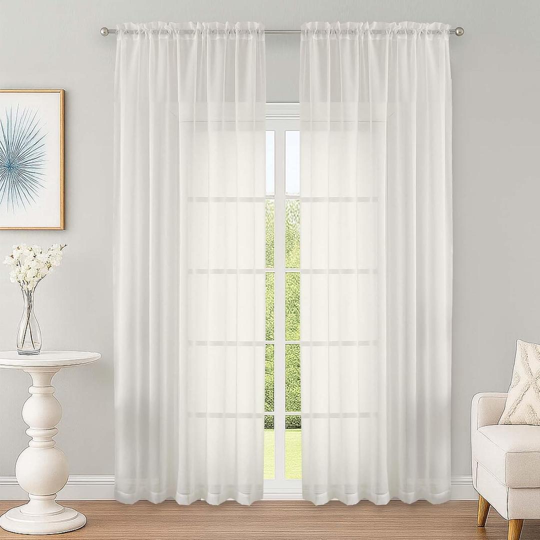 Ivory Sheer Curtain 90 Inches Long 2 Panels Set, Solid Filmy Drapes for Living Room Bedroom, Elegant Window Voile Sheer Curtain Panels Drapes, 2 Pcs, Each 59W x 90L Inch