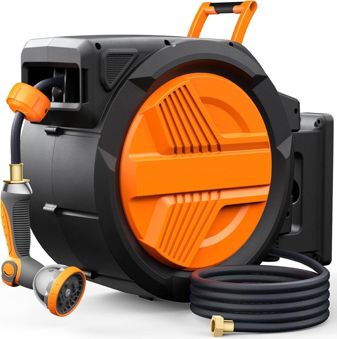 Retractable Garden Water Hose Reel 5/8” x 100ft, Auto Rewind, Heavy-Duty Wall-Mounted Outdoor Hose, 10-Mode Nozzle, Adjustable Length, 180° Rotation Bracket for Watering, Car Cleaning, Pet Washing