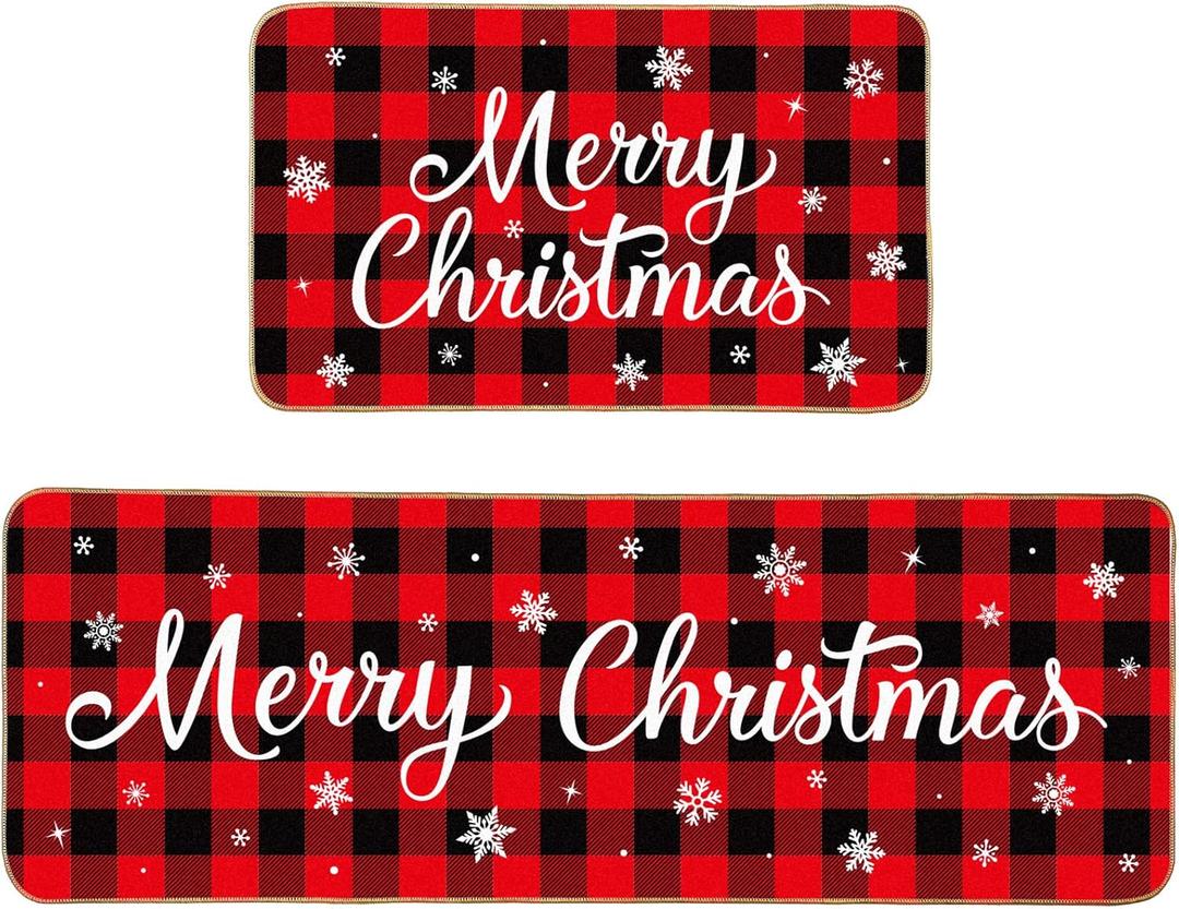 Christmas Kitchen Rugs Set of 2 Xmas Kitchen Mats Merry Christmas Mats Red Black Buffalo Plaid Doormat Christmas Non Slip Backing Floor Mat Xmas Door Mat for Home Kitchen Door Bathroom (Snowflakes)