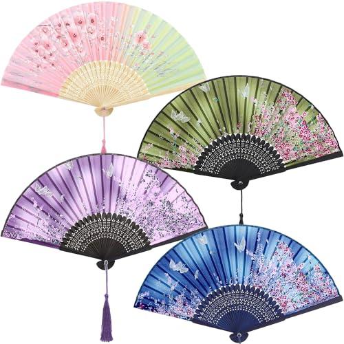 Aneco 4 Pieces Folding Fans Bamboo Handheld Fan Silk Fabric Hand Holding Fans (4, Color E)