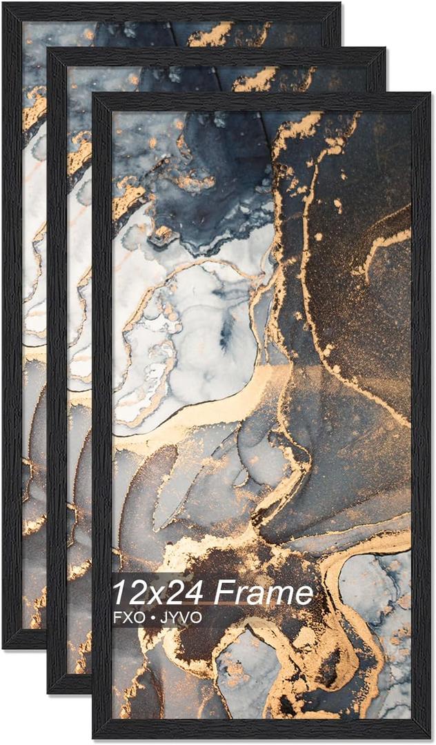 Engineered Wood 12x24 Picture Frame Set of 3, Black Frame for 12 x 24 Inch Picture Poster Photo, Light Weight 12 by 24 Frame with Wood-grain for Wall - 3 Pack/Black/12 x24