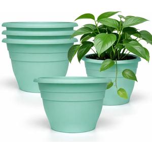 RooTrimmer 5 Pack 10 Inch Plant Pots for Indoor Outdoor, Plastic Floor Planters with Drainage Holes, Lightweight Flower Pots for Home, Patio & Garden (Blue)