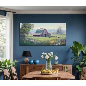 Acocifi Barn Picture Farmhouse Wall Art, Rustic Landscape Painting Farm Cow Print Textured Artwork Large Framed for Living Room Bedroom Dining Room Kitchen Office Home Decor 40"x20"