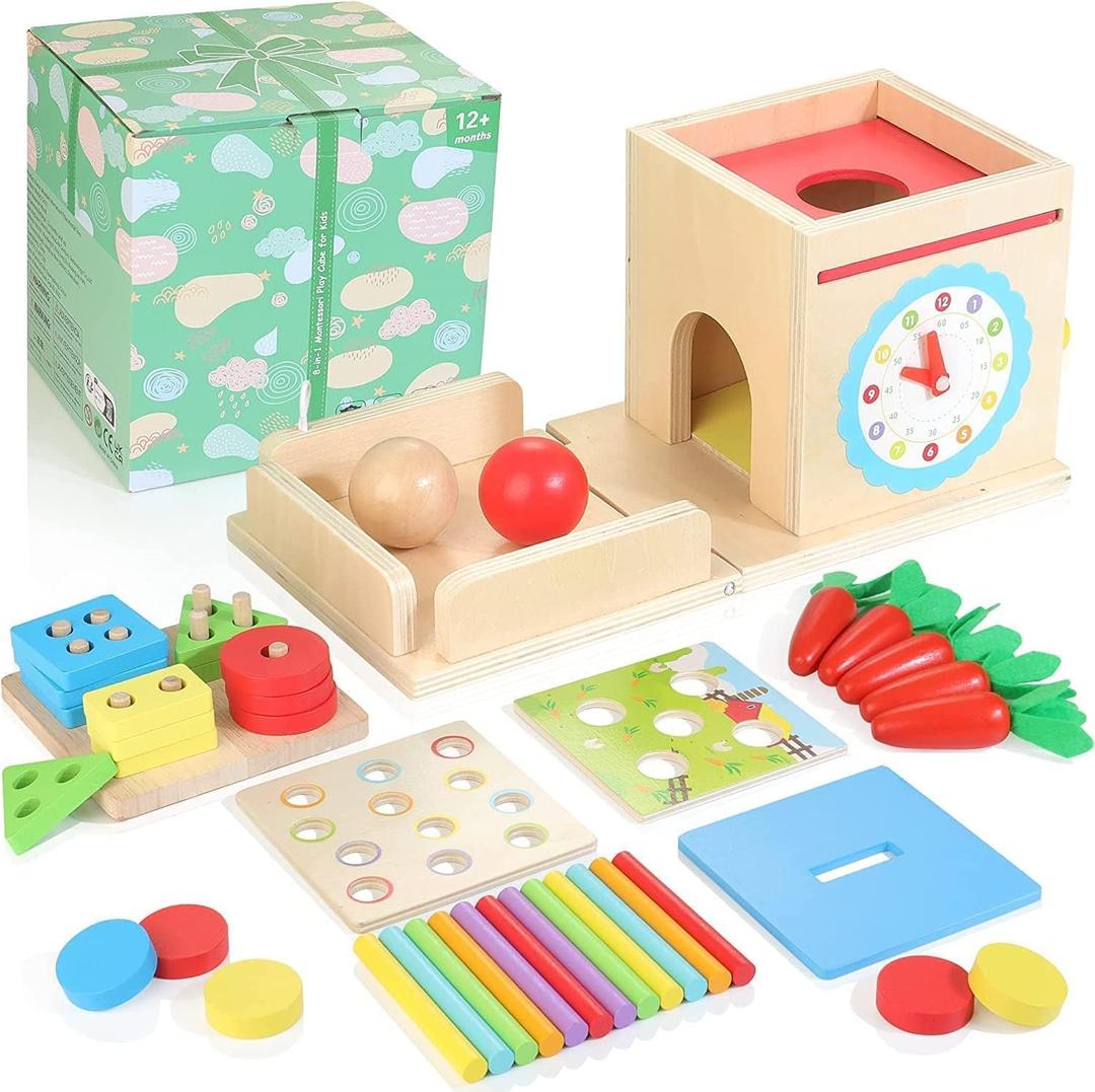 Kizfarm Wooden Montessori Baby Toys, 8-in-1 Wooden Play Kit Includes Object Permanent Box, Coin Box, Carrot Harvest, Shape Sorting & Stacking - Christmas Birthday Gift for Boys Girls Toddlers Kizfarm Wooden Montessori Baby Toys, 8-in-1 Wooden Play Kit Includes Object Permanent Box, Coin Box, Carrot Harvest, Shape Sorting & Stacking - Christmas Birthday Gift for Boys Girls Toddlers