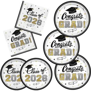 Class of 2026 Graduation Party Supplies - Serve 16 with White and Gold Graduation Decorations Disposable Paper Plates and Napkins Set, for Congrats Grad Decorations and Favors
