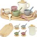 Wooden Tea Set for Toddlers 3-5, 15 Piece Tea Party Set with Teapot, Cups, Spoons and Tray for Girls and Boys, Pretend Play Kids Kitchen Accessories for Ages 3-6