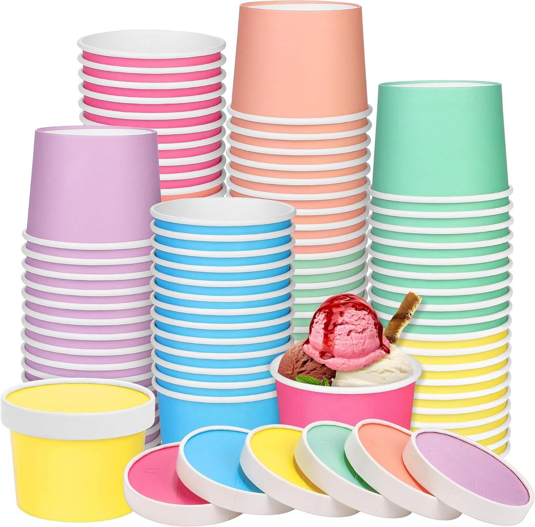 60-Pack 8 Oz Paper Ice Cream Cups with Lids Macaron Color Disposable Dessert Snack Bowls for Sundae, Frozen Yogurt & Party Supplies| Hot/Cold Safe Containers