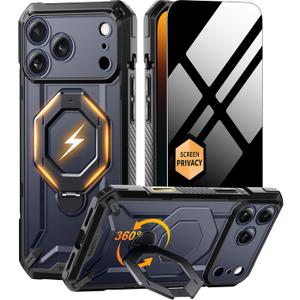 TONGATE for iPhone 17 Pro Case with 360 Spin Magnetic Stand, [Compatible with MagSafe][Military-Grade Protection] with Privacy Screen Protector & Camera Control Cover for iPhone 17 Pro, Black