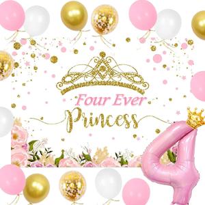 Four Ever a Princess Birthday Decorations Pink Gold Princess Castles Balloon Garland Crown Number 4 Foil Balloons Banner for 4 Years Old Birthday Party Decor Supplies
