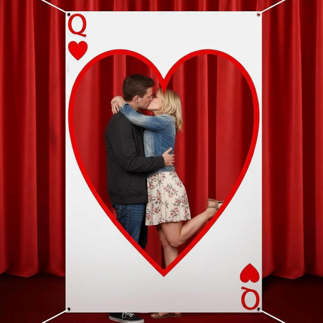 Frienda Casino Night Photo Booth Props Las Vegas Party Backdrop Decorations Set Large Hearts Poker Playing Card Photoshoot Red Heart Cutout Background for Birthday Party Photography Decorations