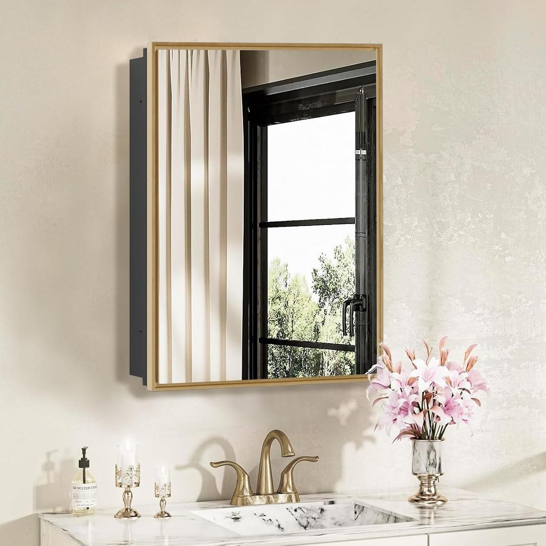 Bathroom Medicine Cabinet with Mirror, Recess or Surface Mount, Single Door Cabinet Famerhouse Bathroom Mirror with Storage Cabinet (Brush Gold, 16"x26")