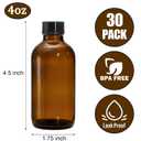 Bekith 30 Pack 4 oz Amber Glass Bottles, Boston Round Sample Bottles with Black Poly Cone Cap for Juice, Ginger Shots, Oils, Whiskey, Liquids