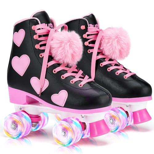 Ruthfot Women's and Girl's Classic Roller Skates with Light up Wheels and Love Heart Pattern, High-top PU Leather Rollerskates… Size 34