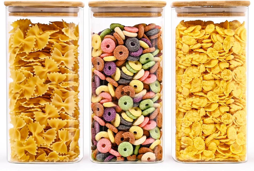 Glass Food Storage Jars Square 51oz, 3 Pack Glass Jars With Bamboo Lids, Kitchen Storage Containers For Spice, Candy, Cookie, Storage For Pantry Organizers