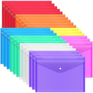 EOOUT 28pcs Plastic Envelopes, Plastic Folders for Documents, Poly Folders with Snap Closure, 8 Colors, A4 Size, Letter Size, for School and Office Supplies (Rainbow)