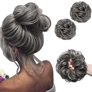 SARLA 2PCS Messy Hair Bun Hair Pieces Wavy Curly Synthetic Updo Fake Scrunchies Ponytail Extension for Women Dark Grey
