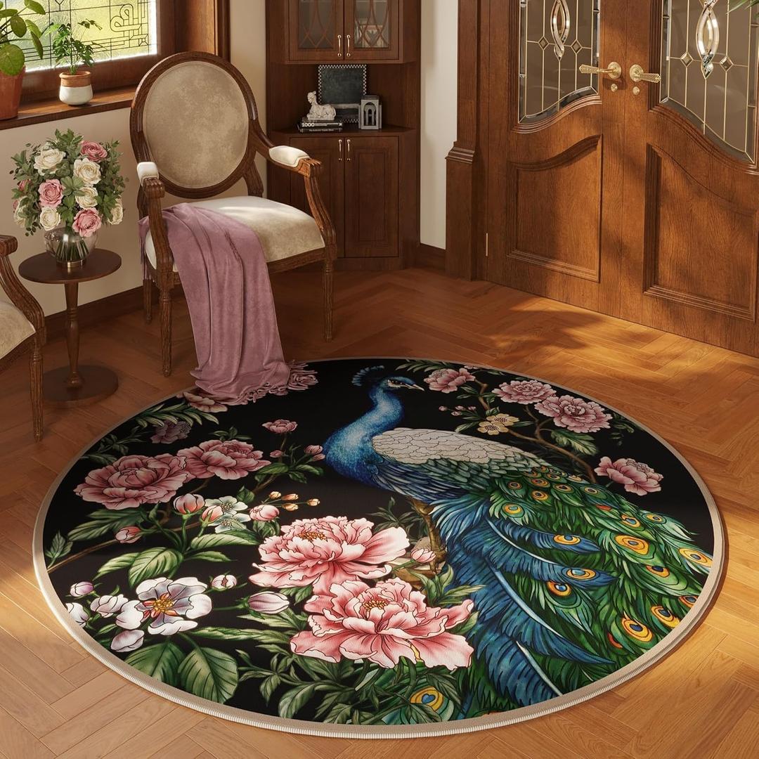 Round Rug 4ft Washable Circle Rug Non Slip Low Pile Floral Peacock Animal Small Circular Rug for Bedroom, Bathroom, Entryway, Kids Room, Office, College Dorm (Black)
