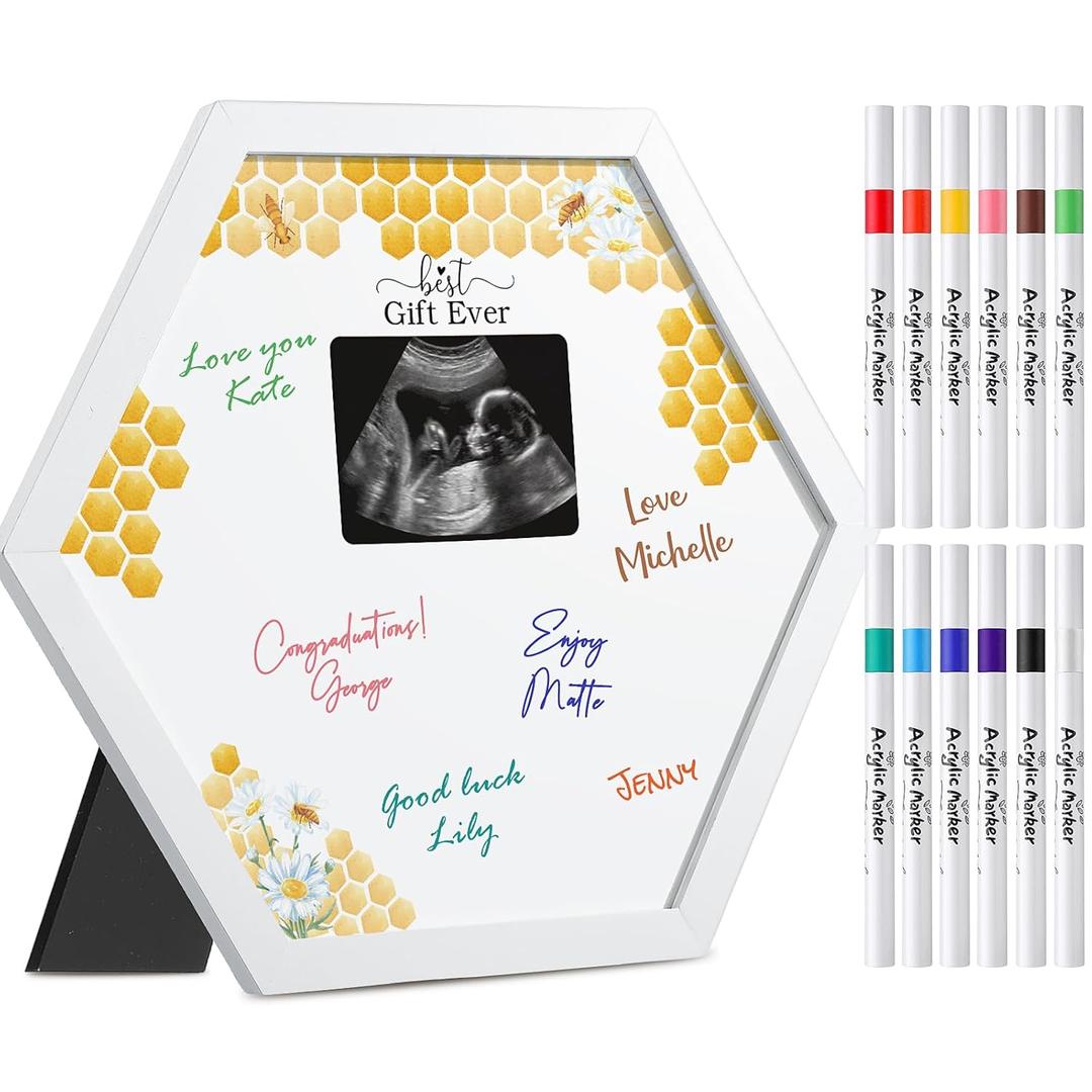 Thyle Honeycomb Baby Shower Sonogram Frame with 12 Markers Baby Shower Party Favors Signature Frame Guest Book Ultrasound Picture for Gender Reveal Party Gift Keepsake