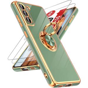 LeYi for Samsung Galaxy S21 FE 5G Case with Tempered Glass Screen Protector [2 Pack] 360 Rotatable Ring Holder Magnetic Kickstand, Plating Rose Gold Edge Protective Case, L-Green