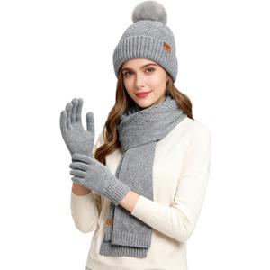Women Winter Warm Hat Scarf Gloves Set, Touchscreen Gloves Beanie Hat Thick Scarf Set, 3 Pieces Warm Winter Gift (Gray)