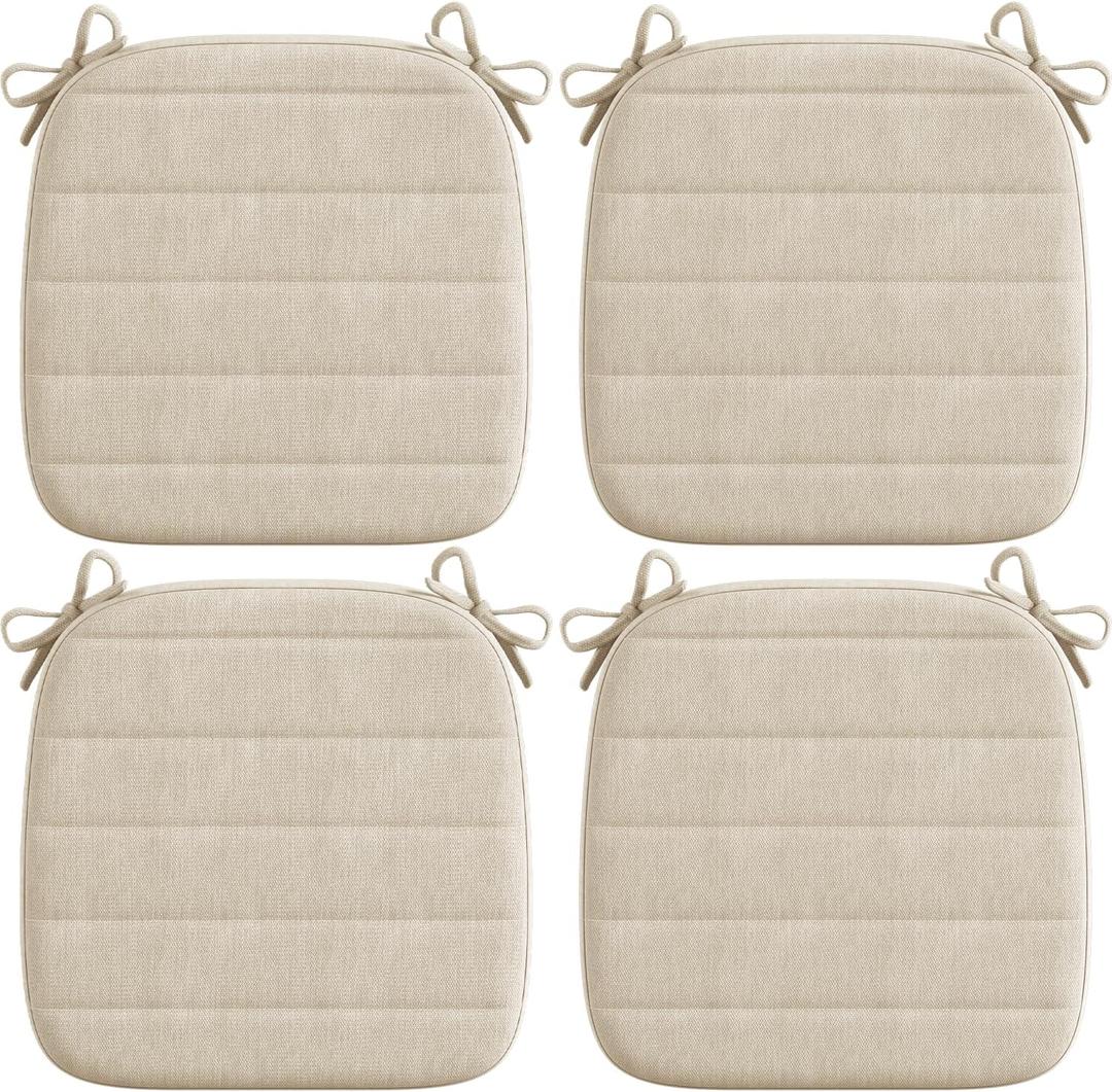 Codi Dining Chair Cushions Set of 4, Indoor Chair Pad for Kitchen and Bar Stool - Washable, Non Slip Seat Cushion with Ties, 16x17 inch, Beige, 4 Pack