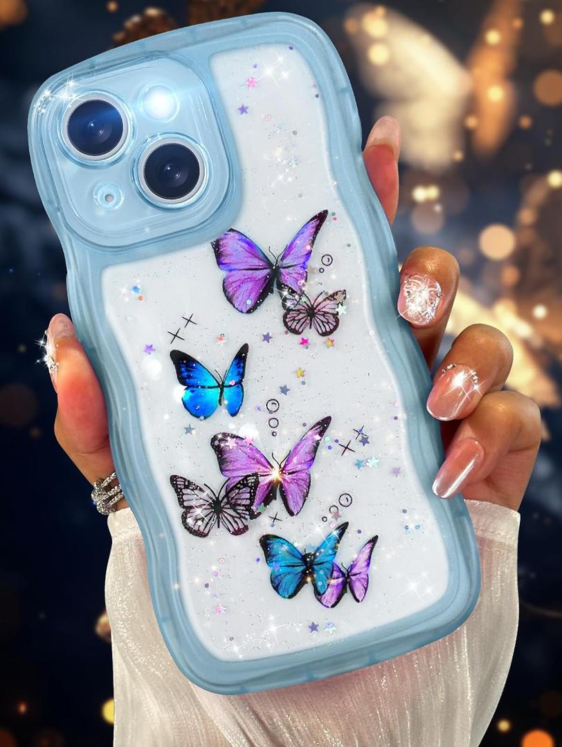 Likiyami for iPhone 14 Case 6.1 Inch - Wave Frame Design Women Girls Cute Cover Glitter Bling Butterfly with Clear Soft Silicone Fashion Girly Unique Teens Shockproof Phone Case for iPhone 14, Blue