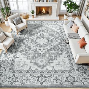 Lessymo Area Rugs 9x12 Living Room- Large Area Rug Machine Washable Area Rug for Bedroom Living Room, Vintage Rugs Boho Floral Medallion, Non-Slip Rubber, Low Pile, Kid & Pet Friendly, Grey White