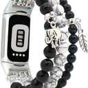 C&L Accessories Compatible with Fitbit Charge 6/5 Natural Gemstone Beaded Handmade Adjustable Bracelet Replacement Band for Women (Black Agate/White)