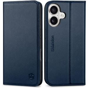 SHIELDON Wallet Case for iPhone 17 6.3-inch 2025 | Genuine Leather | Foldable | RFID Blocking Credit Card Holder | Kickstand | Magnetic Closure | Shockproof TPU Phone Cover | Navy Blue