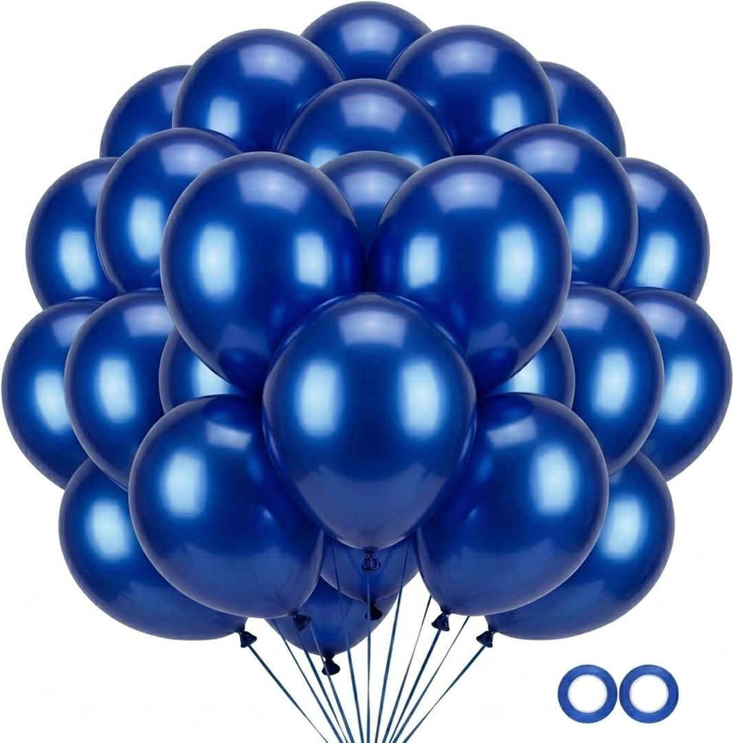 50-Pack Chrome Metallic Blue Balloons - 12 Double-Stuffed Royal Blue Latex Balloons for Weddings, Class of 2025 Graduations, Baby Showers Party Decorations(Includes 2 Ribbons)