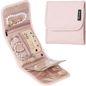 BELALIFE Travel Jewelry Case Organizer, Small Foldable Storage Roll for Earrings, Necklaces, Rings, Bracelets, Brooches, Pink