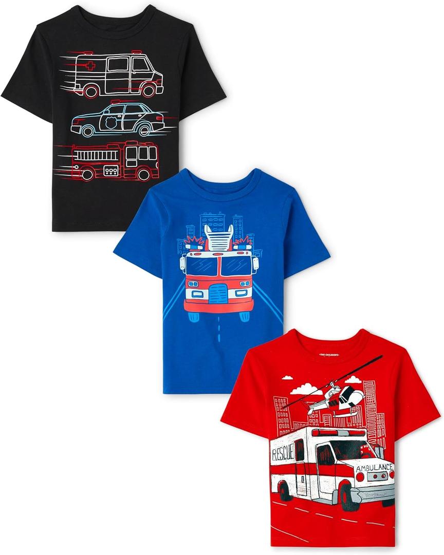 The Children's Place Baby Toddler Boys Short Sleeve Graphic T-Shirt 3-Pack, Blue Firetruck/ Ambulance/ Emergency Vehicles, 2T