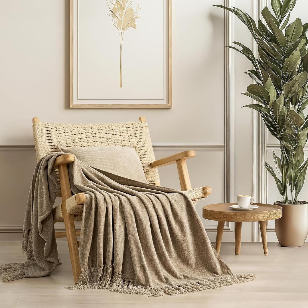 Chenille Knit Throw Blanket for Couch, 60×80in, Beige | Cozy Plush Fuzzy Knittd Throw with Tassels, Lightweight, Decorative, Farmhouse Decor, Ideal for Bed Sofa Gift, All Seasons