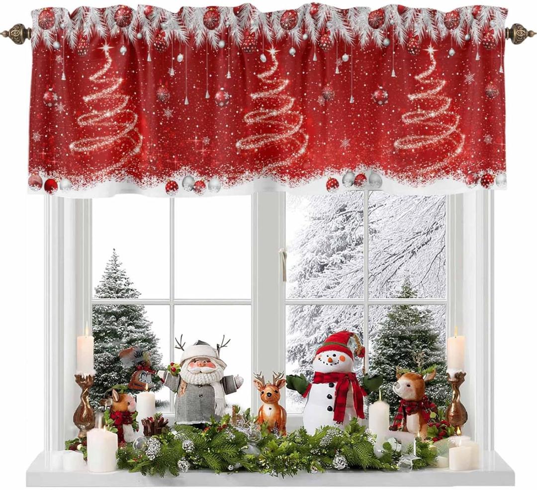 Christmas Valance Curtain Rod Pocket for Kitchen Living Room Bathroom, Red Sparkle Ornaments Short Topper Curtains White Xmas Tree Pine Needle Privacy Window Treatment 42 x 12 Inch, 1 Panel (Red)