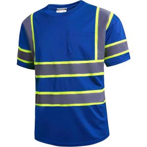 SKSAFETY High Visibility Safety Shirts for Men with Reflective Tapes - Quick Dry Class 2 Hi Vis Construction Work Shirts for Men, Short Sleeve Breathable Birdeyes T-Shirts with Pocket Blue (Small)