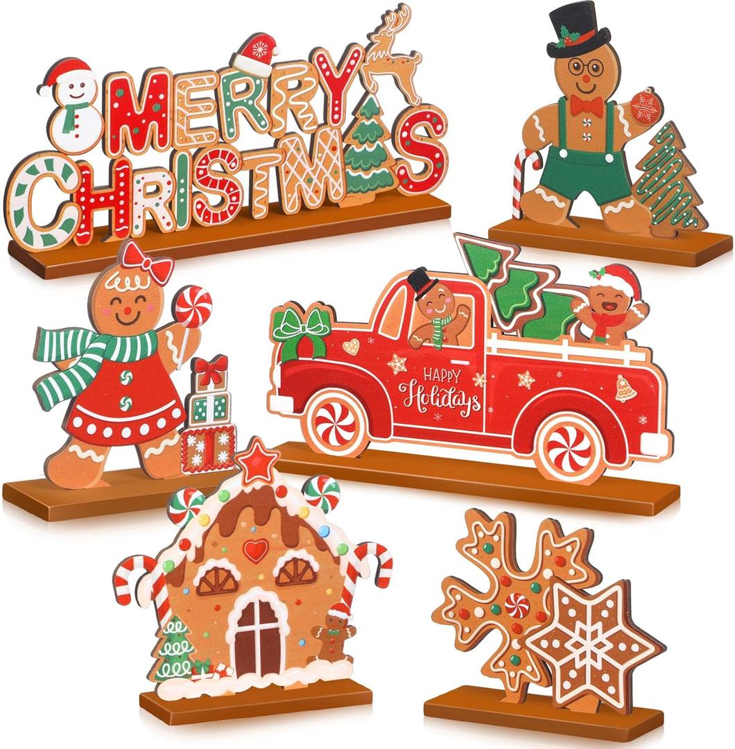 Menkxi 6 Pcs Christmas Wooden Table Decorations Merry Christmas Sign Wood Table Centerpiece Gingerbread Man Snowflake Centerpieces for Coffee Table Holiday Xmas Dinner Party Decor
