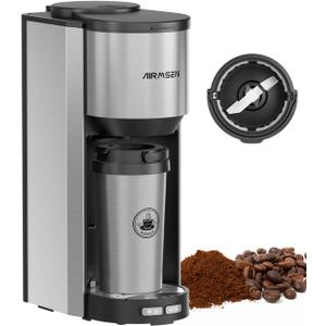 AIRMSEN Single Serve Coffee Maker with Grinder, Grind and Brew All in One - 6-16 Oz Single Cup Coffee Machine with 19 oz Travel Mug - Adjustable Drip Tray, Overheat Protection