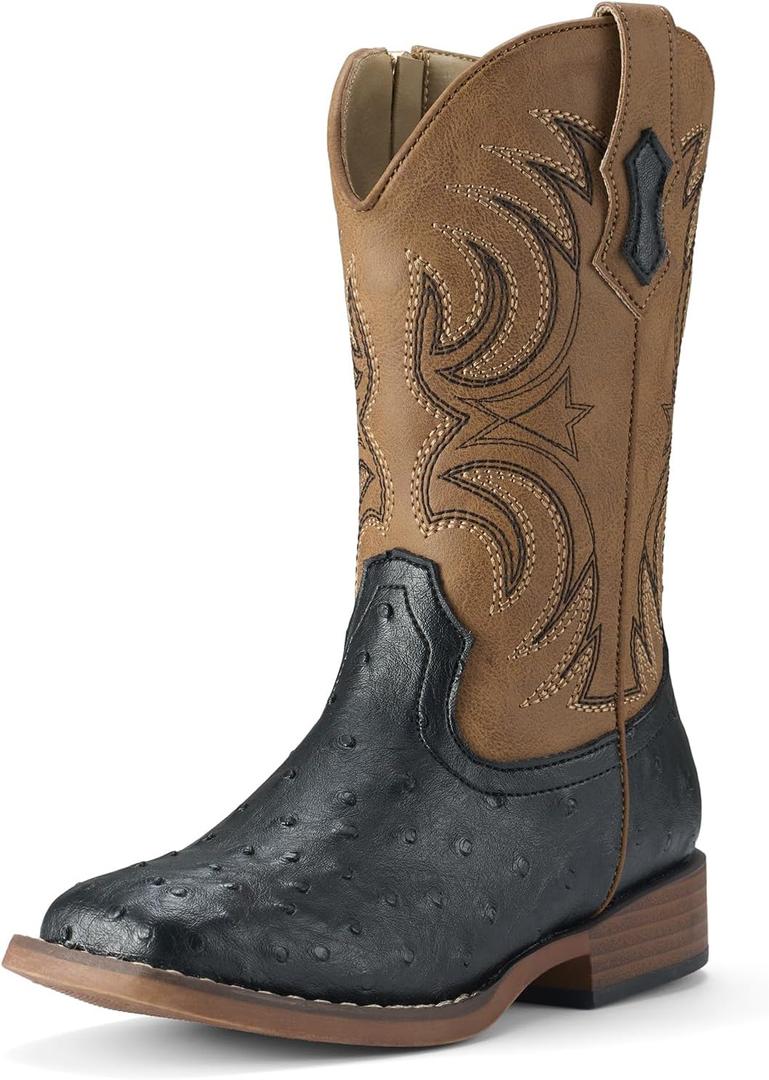 Rollda Kids Cowboy Boots Girls Cowgirl Boots Square Toe Boys Western Boots for Toddler/Little Kid/Big Kid (Black/Brown), Size 6