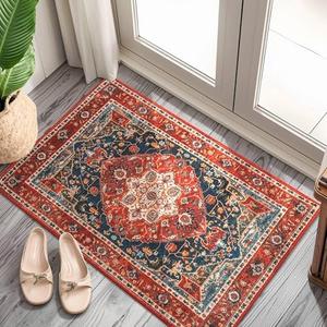 YJ.GWL Area Rug 2x3 Floral Vintage Rugs, Indoor Entrance Door Mat Small Washable Rugs, Non Slip Carpet for Living Room Entryway Kitchen, Orange-Red