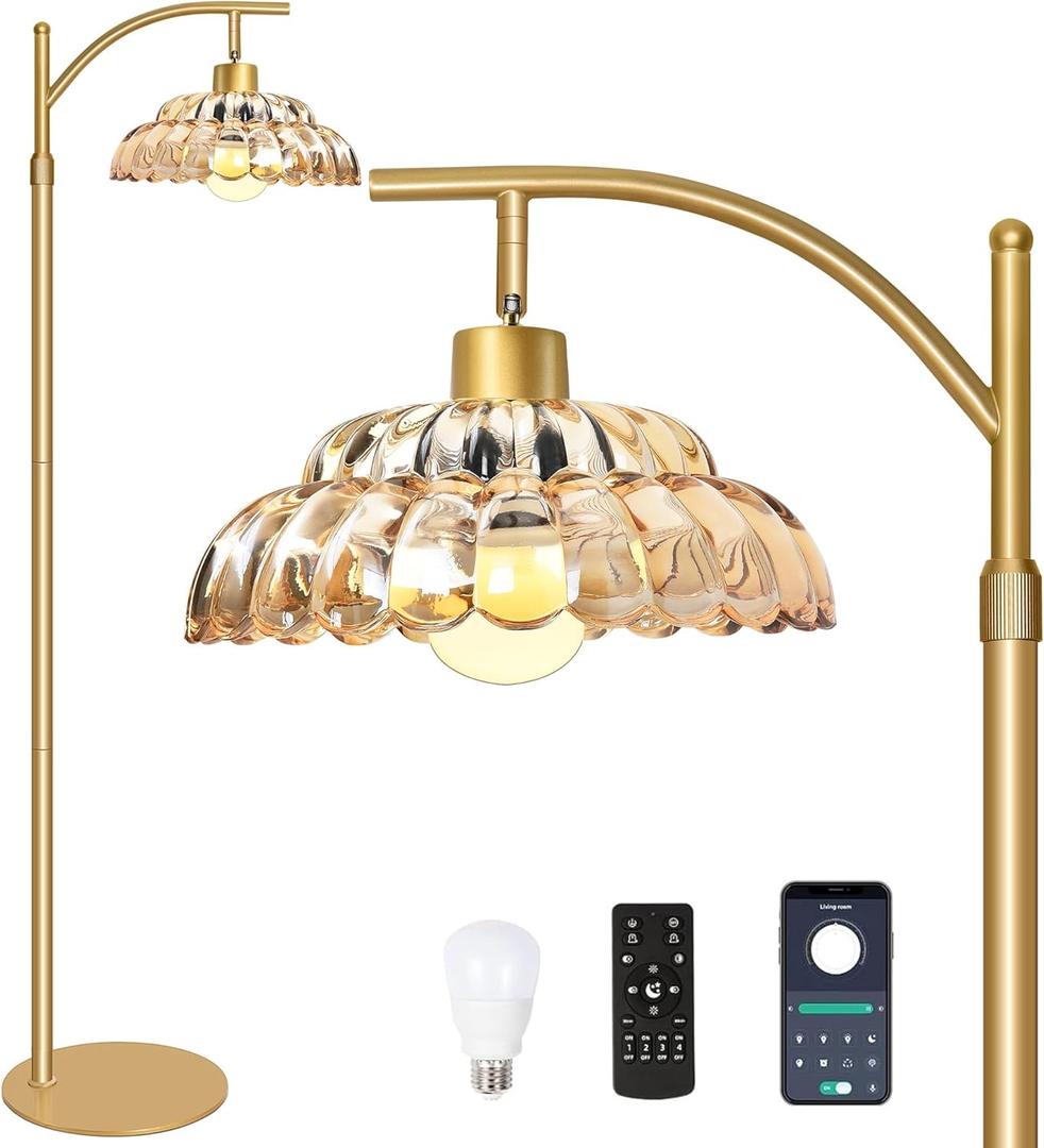 Floor Lamp with Amber Glass Shade, Dimmable Standing Lamp with Remote, Gold Floor Lamp for Living Room,Bedroom, Mid Century Tall Lamp with 12W LED Bulb