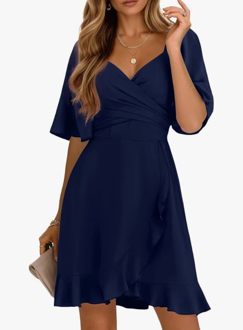 Dokotoo Women's Wrap V Neck Short Flared Sleeve Wedding Guest Dress Smocked Elastic Waist Tiered Belted Ruffle Hem Mini Dress M, Dark Blue