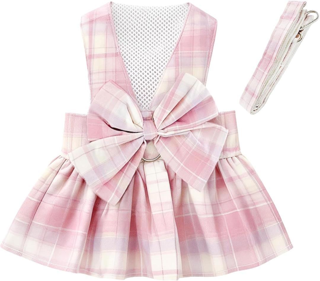 1 Pcs Pink Plaid Dog Dress Set, Cute Bow Tie Puppy Outfits with Bownot, Harness Leash Set for Small Girl Dogs Cats Birthday Holiday Outdoor Walking S