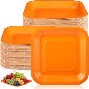Dandat 100 Pack 7 Inch Graduation Paper Square Plates Appetizer Disposable Cake Plates Disposable Lunch Metallic Foil Dessert Tableware for Birthday Wedding Anniversary Party Supplies (Orange)