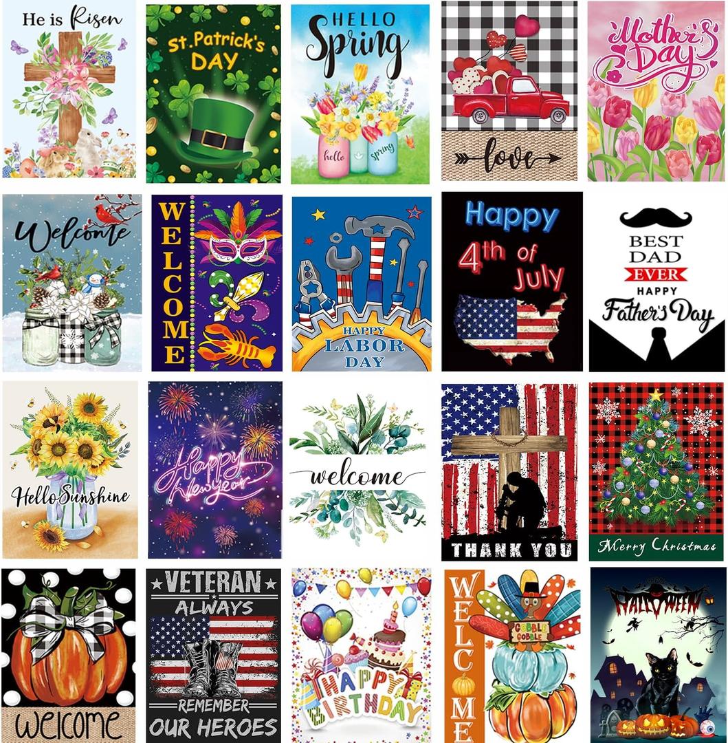Seasonal Garden Flag Set of 20 - Double Sided 12 x 18 Inch Small Yard Flags for Outdoor Holiday Decorations, Spring, Easter, Summer, Winter, and All Season Garden Flags for Outside Decor