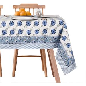 Handcrafted Hand Block Print Tablecloth 4 Seater Square 60x60 Inch - Floral Canvas Cotton - Fall & Holiday Dinner Collection - Washable Reusable Sustainable Gift-Boxed - Blue & White (Blue Dutch Delft Blossoms)